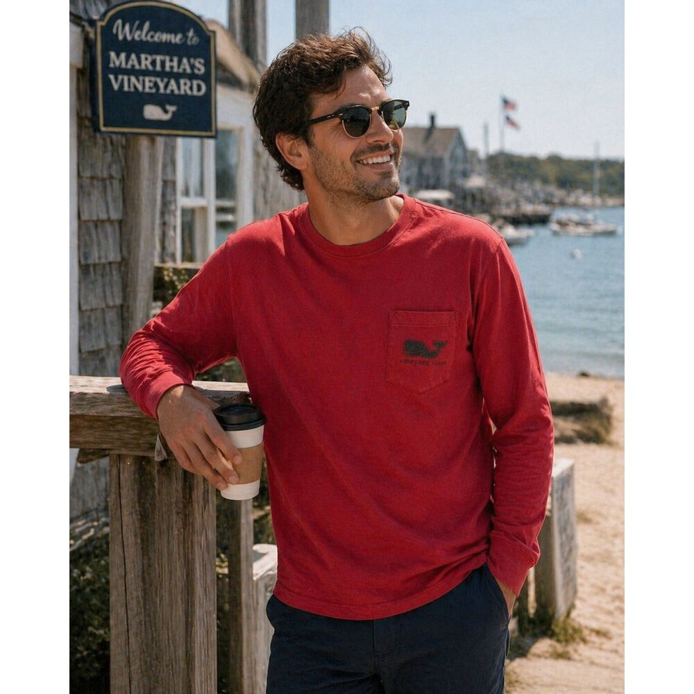 Vineyard Vines Men's Long Sleeve Double Sided Whale Pocket T-Shirt Red Small EUC